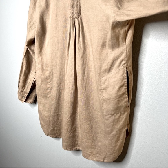 Soft Surroundings Tan Long Sleeve 100% Linen Collared Tunic Top Size PS Pockets - Picture 8 of 12